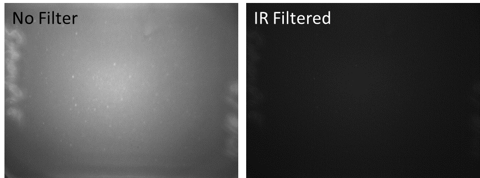 Background signal detected on the EBSD detector with (right) and without (left) an IR filter when a sample of Si in the chamber heated to 900oC and the electron beam turned off. 