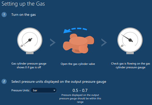 AZtecWave user interface showing the steps to setup the gas supply to the Wave spectrometer for WDS analysis