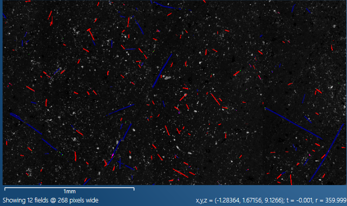 Asbestos fibres on filtre automatically detected by AZtecAsbestos.  