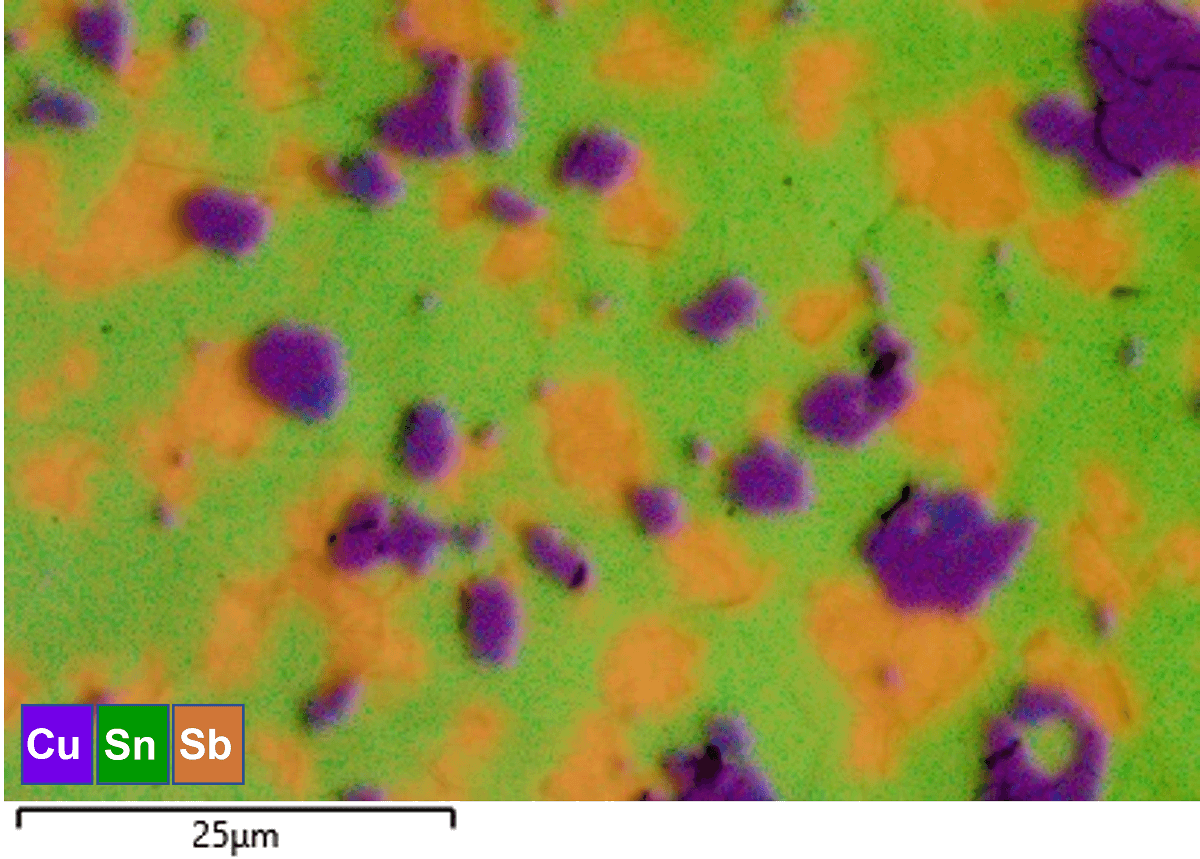 Copper, tin, and antimony element maps acquired via WDS analysis from a babbitt alloy overlaid on a secondary electron image