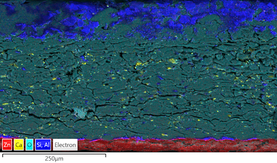 EDS Elemental Layered image of the Cross-section of a Paper sample. This enables the structural investigation of thepaper for quality control and failure analysis purposes. The layered image allows users to distinguish layers, measure coating thicknesses and monitor additive distributions