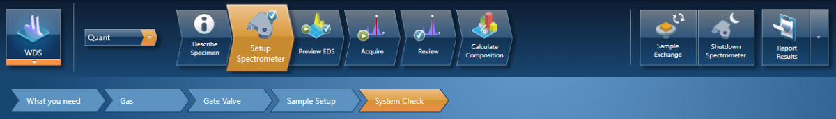 Graphical user interface from the AZtecWave software showing tabs to guide the user through setup spectrometer