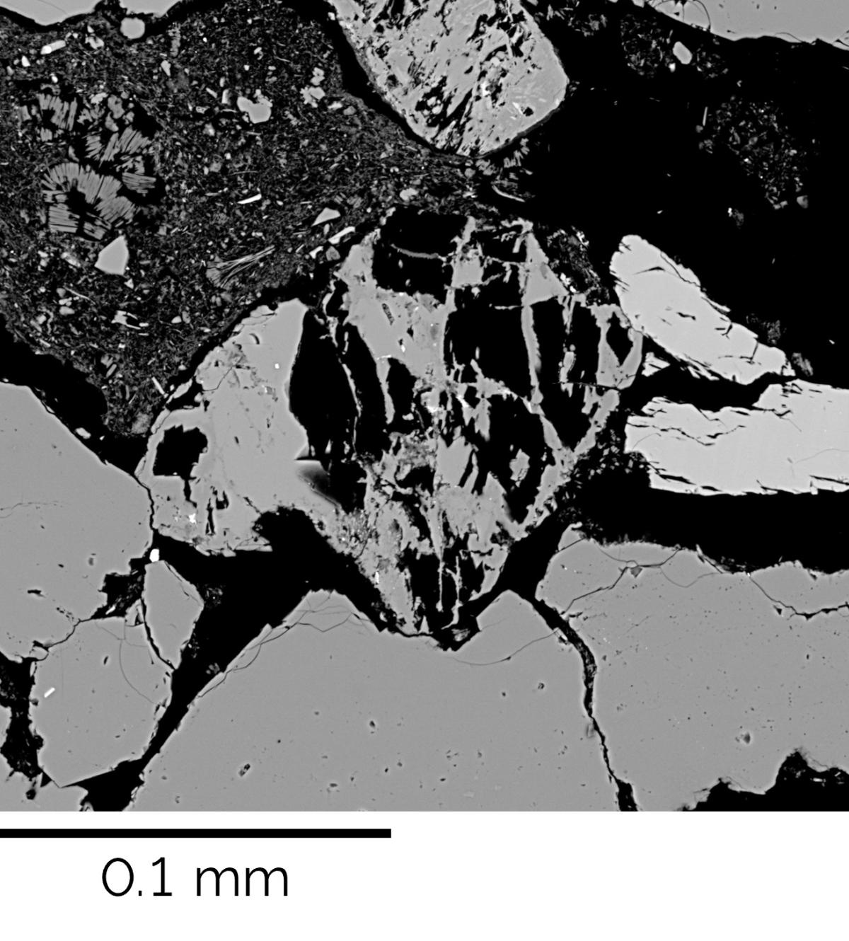 BSE image of plagioclase crystal exhibiting a skeletal structure.