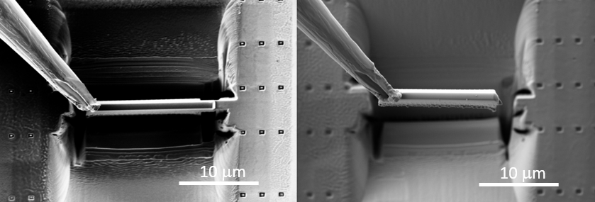 Electron images showing the nanomanipulator attachment to lamella sample and the lamella being lifted out.