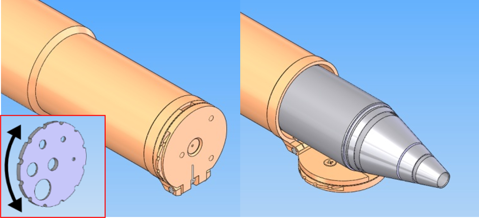 Drawings of the max plus aperture assembly showing its position with the associated EDS detector retracted and inserted 