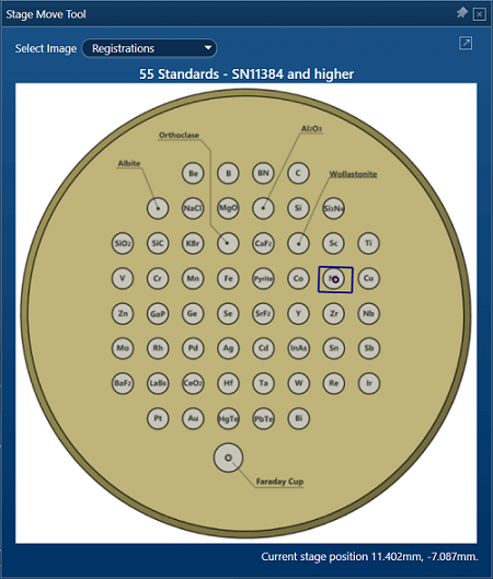 Graphical user interface from the AZtecWave software showing a schematic of a standard block that has been registered to the stage position on the SEM