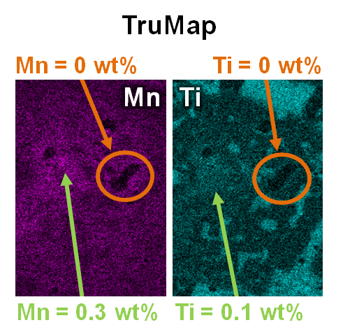 TruMaps for Mn and Ti in this sample reveal real variations in minor elements which have been confirmed by WDS. Variations in Mn between 0 and 0.3wt% and Ti between 0 and 0.1wt% are clearly visible.