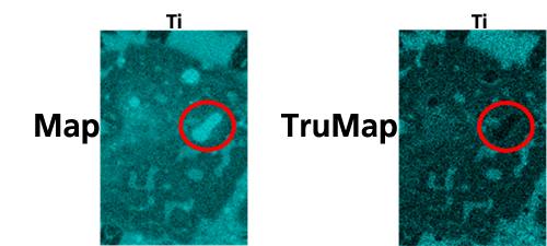 X-ray map of minor levels of Ti in a sample. Despite no elements overlapping with Ti in this sample, TruMap shows there are significant errors in the traditional X-ray map, caused by the background intensity change between Cr/Fe particles and the surrounding oxide matrix.
