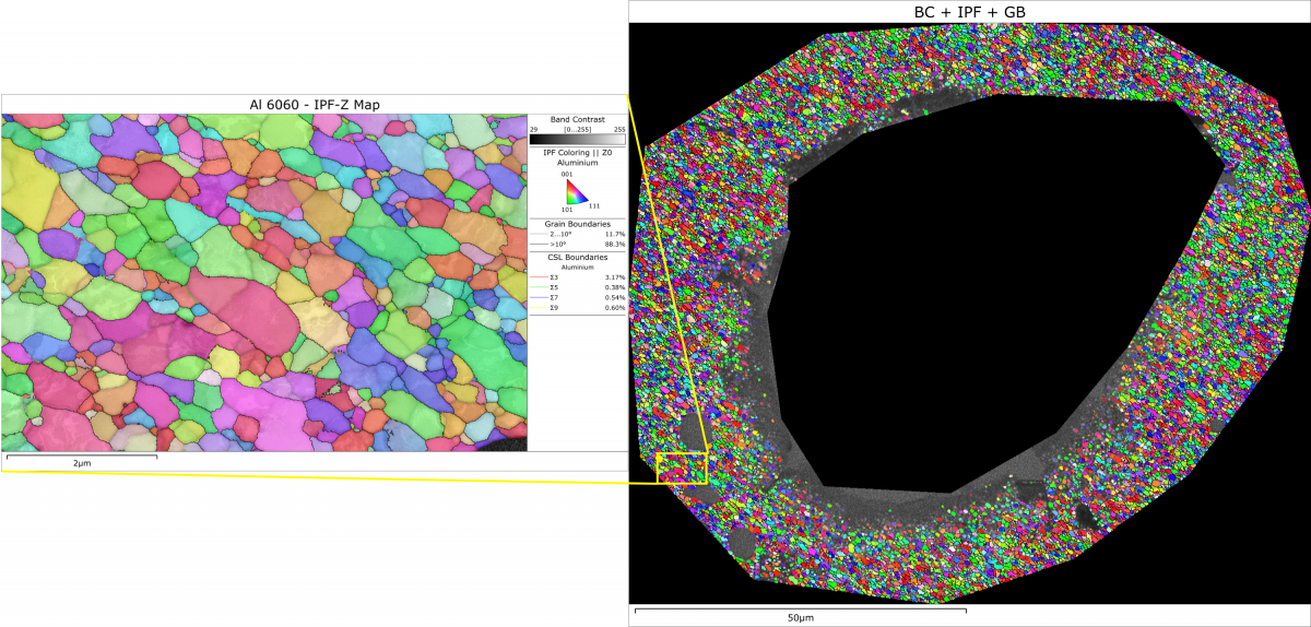 TKD orientation maps of a severely deformed Al-alloy. The right-hand survey scan was collected at >700 pps in about 20 minutes (scale bar 50 um), enabling higher-resolution analyses of specific regions of interest, as shown on the left (scale bar 2 um).TKD orientation maps of a severely deformed Al-alloy. The right-hand survey scan was collected at >700 pps in about 20 minutes (scale bar 50 um), enabling higher-resolution analyses of specific regions of interest, as shown on the left (scale bar 2 um).