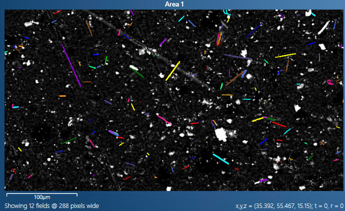 Asbestos fibres on filtre automatically detected by AZtecAsbestos. 