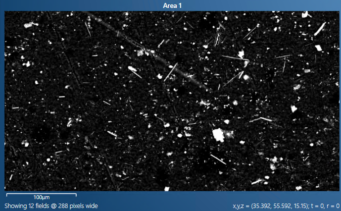 Asbestos fibres on filtre automatically detected by AZtecAsbestos. 