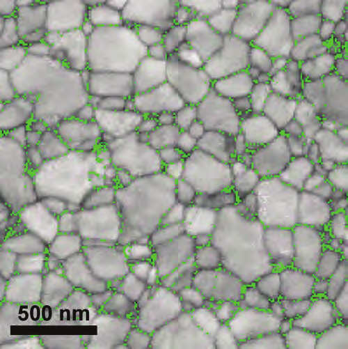 Fig. 5b. Unprocessed TKD orientation map (IPF-x), with high angle boundaries in black and CSL boundaries in colour