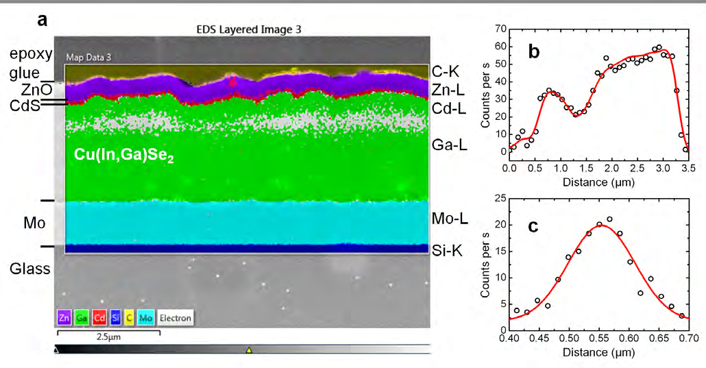 Fig. 2: a) Composed EDS elemental distribution maps, superimposed on a SEM image, using C-K, Zn-L, Cd-L, Ga-L, Mo-L, and Si-K signals. Extracted linescans of the Ga (b) and Cd distributions (c). The measured values (open circles) were fitted (red lines) using a FFT filter (b) and a Gaussian distribution with full width at half maximum of about 110 nm (c).