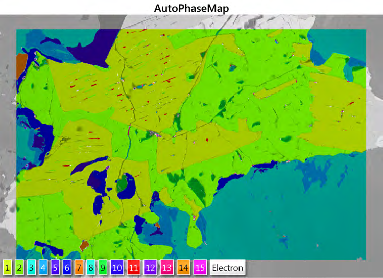 Fig. 2. AutoPhaseMap calculation for the sample converts X-ray mapping data summarised in (a) the Layered Image into (b) an AutoPhaseMap dataset where each pixel is designated as a phase. Note that the colours assigned to each phase match the hue in the Layered Image by default, therefore phases with similar chemistry have similar colours.