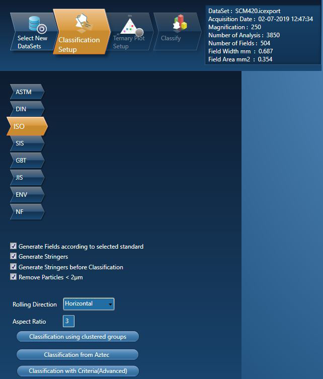Fig 4: Inclusion Classifier interface showing standard selection and classification setup