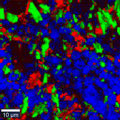 Chemical Raman map of tablet showing API and excipient distribution.
